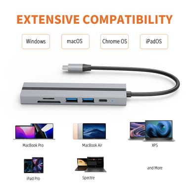 6-i-1 USB C Hub med SD/TF-kortlæser, USB 3.0/2.0-porte, PD 100W