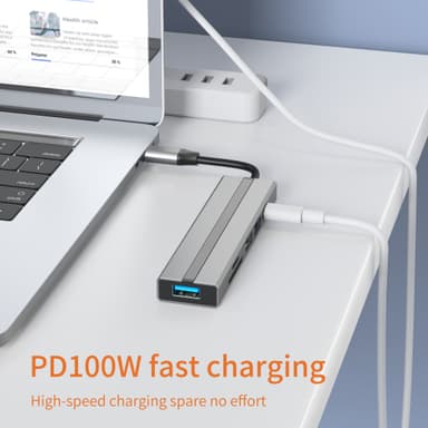 6-i-1 USB C Hub med SD/TF-kortlæser, USB 3.0/2.0-porte, PD 100W