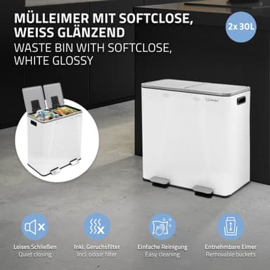 ML-Design Affaldsspand til køkken 2x 30L (60L), hvid
