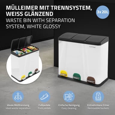 ML-Design Affaldsspand til køkken 3x 20L (60L), hvid stål
