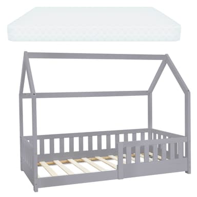 ML-Design Seng80x160 cm lysegrå med madras, himmel og lamelbund