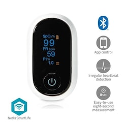 Nedis SmartLife Puls Oximeter | Bluetooth | OLED Display | Auditiv alarm / Iltmætning (SpO2) / Interferens mod bevægelser / Perfusionsindeks / Pulsfrekvens / Sensor med høj præcision | Hvid