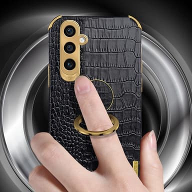SKALO Samsung A25 5G Crocodile Guldkant Ring Cover - Sort
