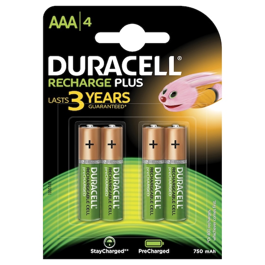 Duracell Recharge Plus AAA 750mAh batterier - 4 stk