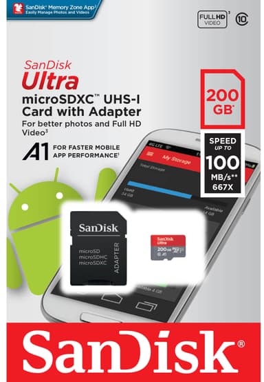 SanDisk Ultra Micro SD hukommelseskort 200 GB med SD-adapter