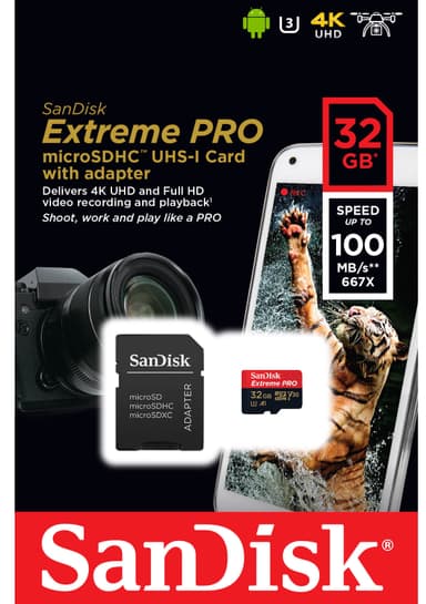 SanDisk Extreme PRO microSDHC 32 GB hukommelseskort med SD-adapter