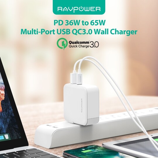 RAVPower 2-port 36W USB-C PD og QC 3.0 USB-A vægoplader, Hvid