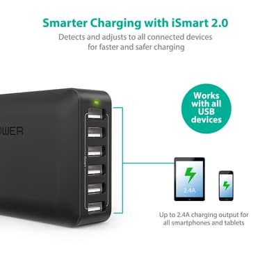 RAVPower 6-port USB Hub Charger, 60W & 12A, Sort