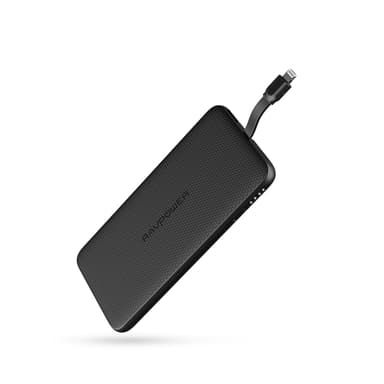 RAVPower Blade Series 10000 mAh Power Bank med Built-in Lightning Kabel, Sort
