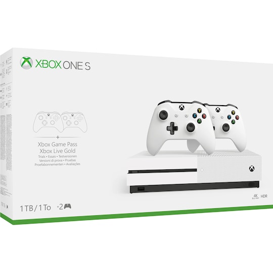 Xbox One S 1 TB + bundle med 2 controllere (hvid)