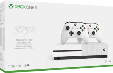 Xbox One S 1 TB + bundle med 2 controllere (hvid)