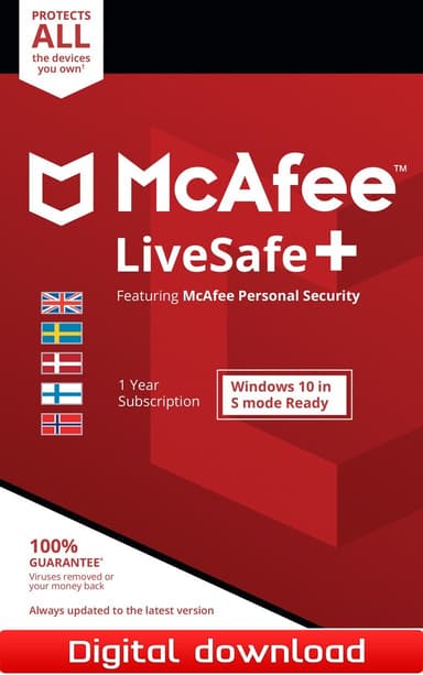 Beskyt dig selv og husstanden mod virus og phishing når du bevæger dig rundt på internettet med McAfee LiveSafe. Licens gælder til alle enheder i din husstand.