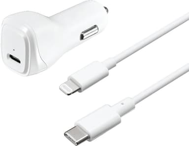 Sandstrøm 18W PD oplader til bil med USB-C til Lightning-kabel (hvid)