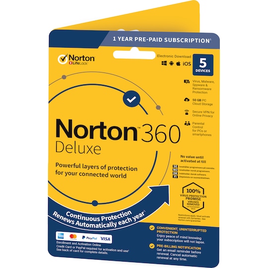 Norton 360 Deluxe antivirusprogram - 5 enheder (online abonnement)