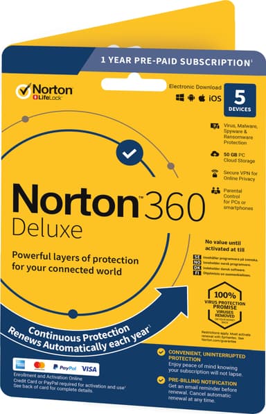 Norton 360 Deluxe antivirusprogram - 5 enheder (online abonnement)