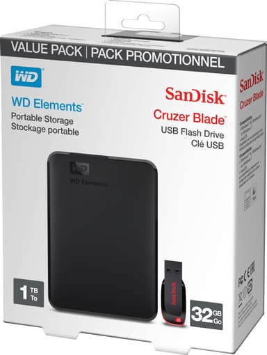 WD Elements 1 TB ekstern harddisk + 32 GB USB