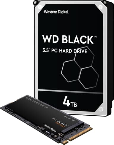 WD Black 3,5" 4 TB harddisk og WD Black SN750 1 TB NVMe SSD lagring