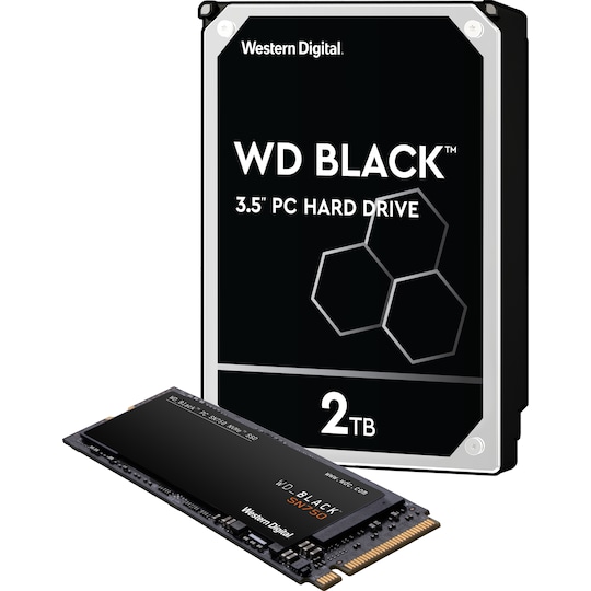 WD Black 3,5" 2 TB harddisk og WD Black SN750 500 GB NVMe SSD lagring