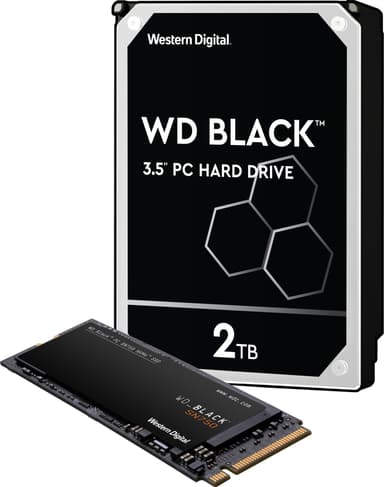 WD Black 3,5" 2 TB harddisk og WD Black SN750 500 GB NVMe SSD lagring