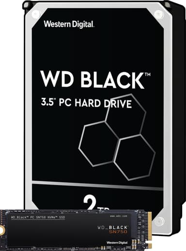 WD Black 3,5" 2 TB harddisk og WD Black SN750 500 GB NVMe SSD lagring
