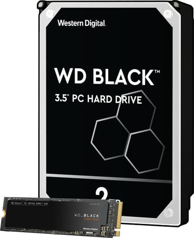 WD Black 3,5" 2 TB harddisk og WD Black SN750 500 GB NVMe SSD lagring