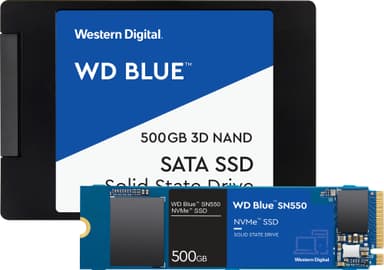 WD Blue 2,5" 500 GB harddisk og WD Blue SN550 500 GB NVMe SSD-lagring ...