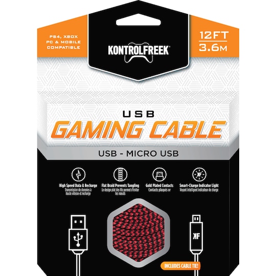 KontrolFreek USB gaming-kabel til PS4 og Xbox One (rød/sort)