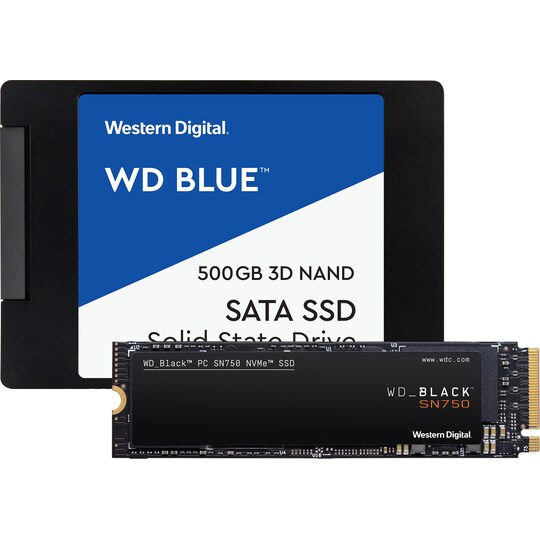WD Blue 2,5" 500GB SSD & WD Black SN750 500GB NVMe SSD-lagring