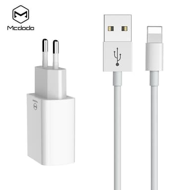 Mcdodo CH-6720 kit Wall oplader, oplader med 2 x USB-porte A og en lyn kabel (Non MFI) af sync og opladning 1m hvid