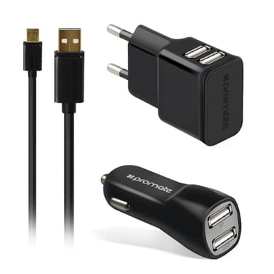 Promate CHARGMATE Laddarkit 2port 2,1A USB oplader 2port 3,1A USB oplader til bil og USB-kabel 1,2 m sort