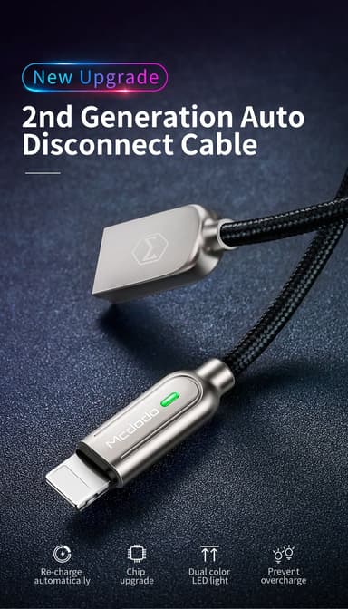 Mcdodo CA-5264 Apple Lightning (ikke MFI) til USB A-kabel til synkronisering og hurtig opladning, LED-indikator, automatisk opladningsstop, sort 1,2m