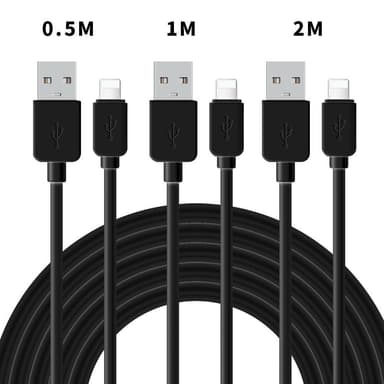 NÖRDIC kabelsæt 3 pak 0,5m + 1m + 2m Lightning (Non MFI) til USB A 2.0 480Mbps 2,4a sort til Iphone og covers