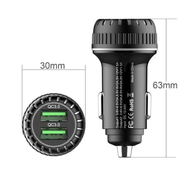 NÖRDIC bil oplader med dobbelt 18W Quick Charger QC 3.0 Qualcomm certificeret, indgang 12-24V