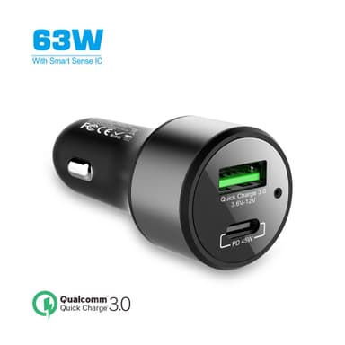 NÖRDIC oplader 63W med 1xUSB C PD45W til bærbare computere og 1xUSB En 18W Quick Charger 3,0 Qualcomm certificeret smartphone og tablets