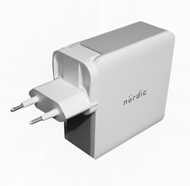 NÖRDIC 3ports hurtig oplader 1x USB C Power Delivery 65W 1x USB A Hurtiglader QC 18W 1x USB A 12W total 65W valgfri UK stik inkluderet