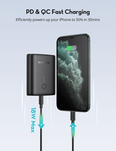 RAVPower Pioneer 10.000 mAh 18W PD + QC 2 Powerbank, Sort