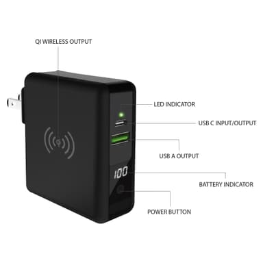 3-in-1 International rejseadapter, trådløs oplader, Power Bank 8000 mAh "