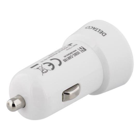 DELTACO car charger, 5 V, 3 A, 15 W, USB-C female, USB-A female, white