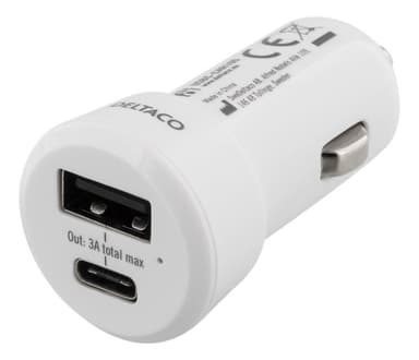 DELTACO car charger, 5 V, 3 A, 15 W, USB-C female, USB-A female, white