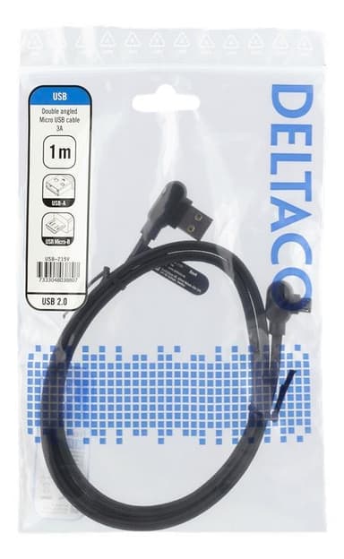 DELTACO angled USB-A to angled USB Micro-B cable, 1m, 3A, USB 2.0, bra