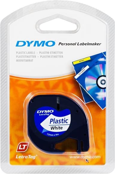 DYMO LetraTag, plasttape, hvid, 12mm, 4m - 91221