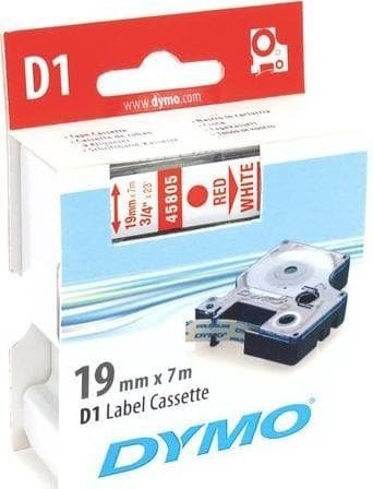 DYMO D1, markeringstape, 19mm, rød tekst på hvid tape, 7m - 45805