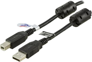 DELTACO USB 2.0 kabel Type A han - Type B han, ferrikerner, 3m, sort