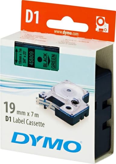 DYMO D1, markeringstape, 19mm, sort tekst på grøn tape, 7m - 45809