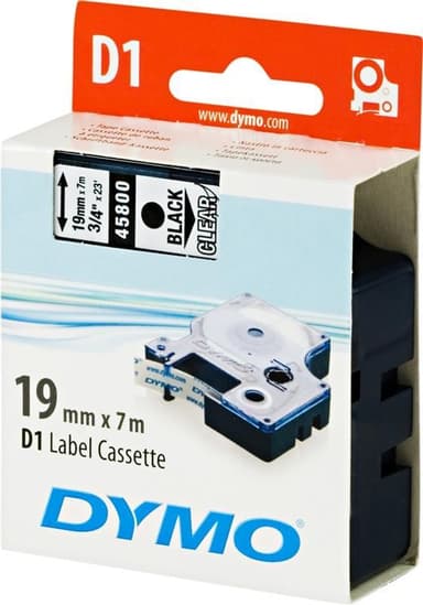 DYMO D1, markeringstape, 19mm, sort tekst på transp. tape, 7m - 45800