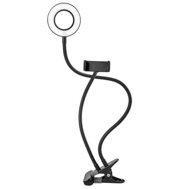 Lysring med 3 justerbare lysniveauer og iPhone-holder med klips - Sort