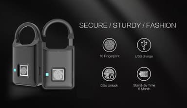 Nøglefri hængelås med fingeraftryk - USB - sort