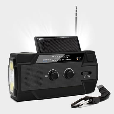 Multifunktionel overlevelsesradio med solpanel og håndsving