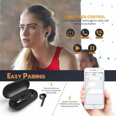 Trådløst Bluetooth 5.0 headset med støjreduktion og opladningsetui