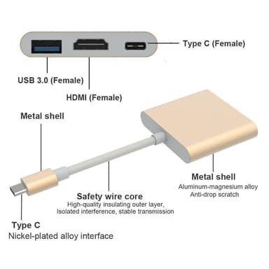 USB-C Multiport-adapter til USB 3.0, USB-C 3.1, 4K HDMI-kompatibel guld